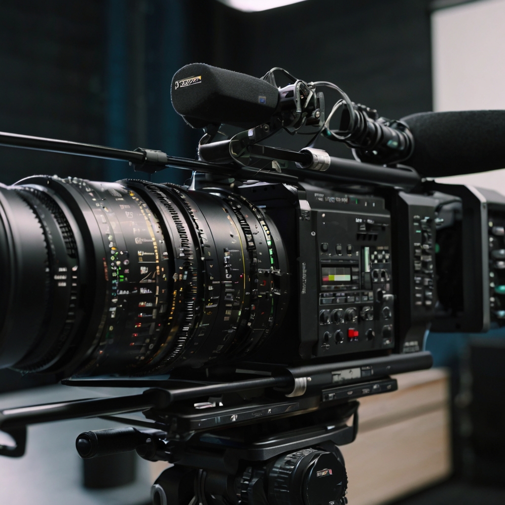 A professional video camera with a large lens and various controls and buttons, set up on a tripod in a studio environment